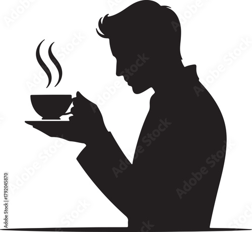 Sophisticated Man Silhouette Enjoys Refreshing Coffee Break with Elegance and Refinement Black and White Graphic Art Design Beverage Moment Illustration Relaxing Drinkware