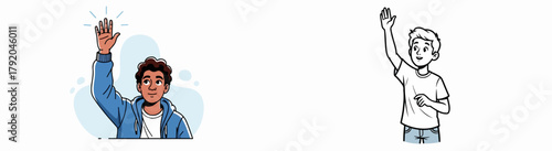 Man raising hand with cheerful expression