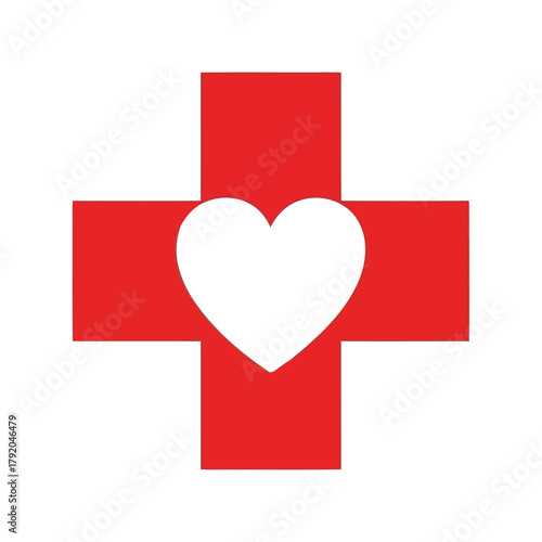 Red cross symbol with white heart in the center for medical and healthcare concepts isolated on white background, Vector