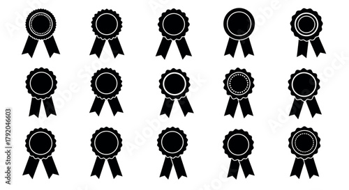 Award Ribbon Rosette Icons Set - Black and White Vector Collection