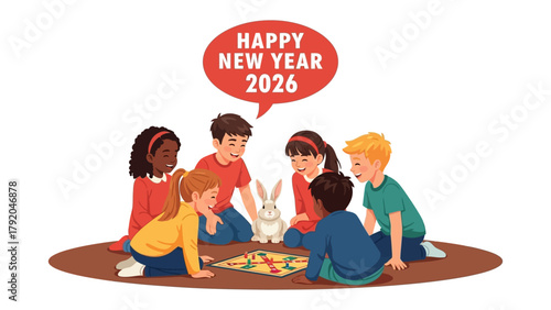 New Year Celebration: A group of children gather around a board game, surrounded by festive spirit and anticipation of the year to come. Featuring a cheerful illustration of unity and joy.