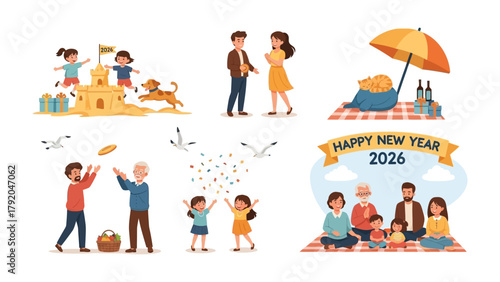Family Time: Family members enjoy various activities such as playing at the beach, interacting, having picnics, celebrating, and getting ready for the new year. Capturing moments of love and bonding.