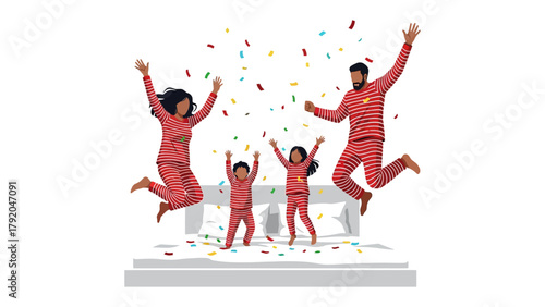 Joyful Leap: A joyous family, united in their pajamas, celebrates with enthusiastic jumps, vibrant confetti showering their moment of elation.
