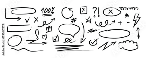 Collection of hand drawn doodle elements arrows shapes symbols and text placeholders