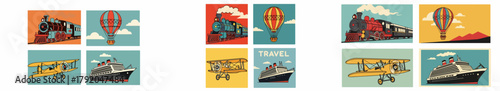 Vintage travel transportation icons with hot air balloons