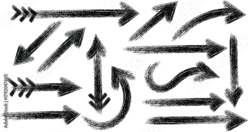 Collection of hand drawn grunge arrows in various styles and directions