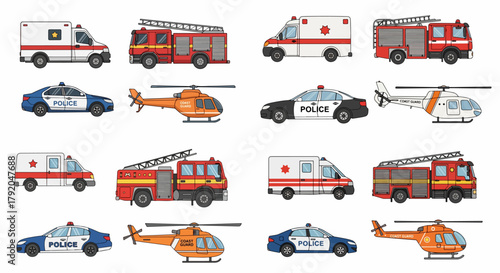 Emergency vehicles collection with police, fire, coast guard