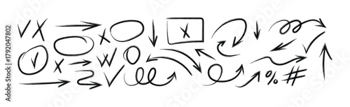 Collection of hand drawn arrows circles checkmarks and symbols on white background