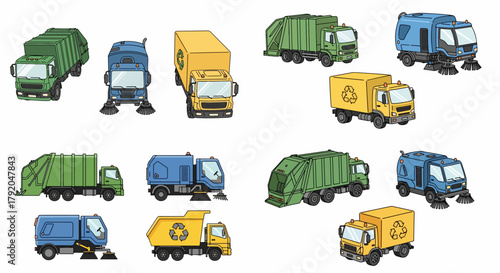 Various sanitation trucks and street sweepers
