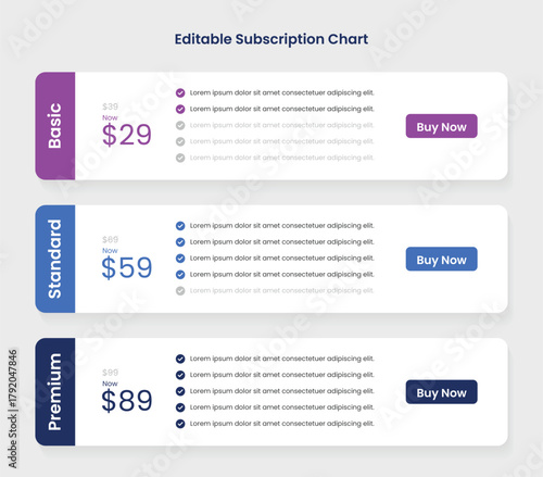 Subscription plans pricing comparison table infographic template: business price chart template, Web banner checklist template design. Design a price list comparison table.