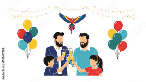 Family Toast with Parrot: A cheerful family raises champagne glasses in a festive toast, celebrating joy and togetherness amidst balloons and a vibrant parrot.