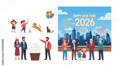 New Year's Celebration: A vibrant collection of illustrations capturing the spirit of a new year, with fireworks and people celebrating.