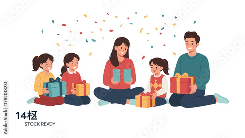 Joyful Family Gift Opening: A family is gathered in a moment of festive togetherness, the air filled with the excitement of unwrapping gifts, celebrating connections.