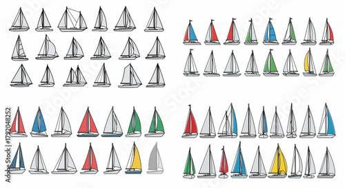 Sailboats collection in blue, red, and white colors