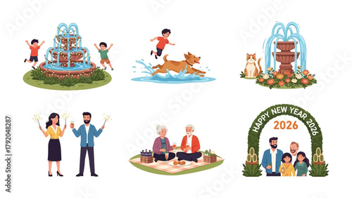 A Set of Illustrated Delightful Scenes: A collection of captivating scenes includes vibrant illustration of children playing around the water fountain.