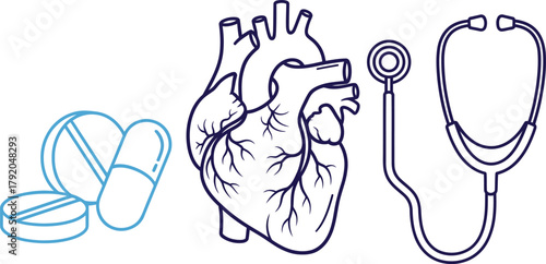 A stylized illustration of a human heart, a stethoscope, and pills, representing medical care and cardiology.