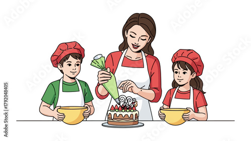 Baking Family Moment: A heartwarming moment unfolds as a mother and her children gather, working together to decorate a beautiful, freshly baked cake, embodying the joy of family and shared creation.
