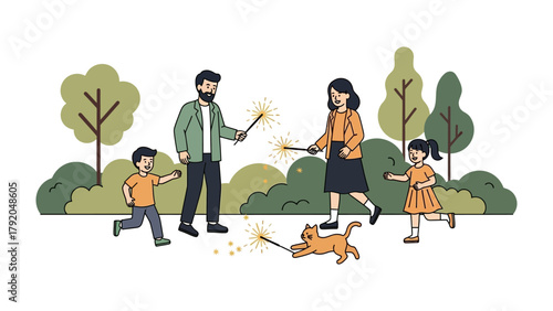 Sparkler Family Fun: A cheerful family gathering in a park, radiating joy as they play with sparklers. A charming scene filled with the delight of youth and parental love.