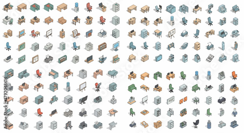 Office furniture and equipment isometric set