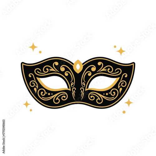 Elegant black and gold masquerade mask with sparkling stars, venetian party face cover isolated on white background, Vector