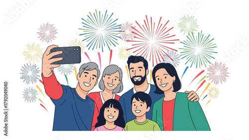 Family Selfie Under Fireworks: A close-knit family, beaming with happiness, gathers together, capturing a selfie against a backdrop of colorful, vibrant fireworks.
