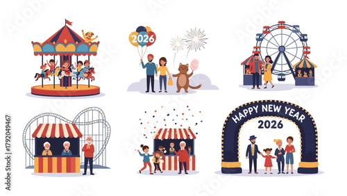 Amusement Park Collection: Capturing the essence of a lively amusement park, this illustration showcases various fun-filled scenes, inviting viewers to experience the thrill of rides, games.
