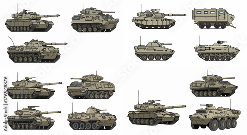 Military vehicles collection in khaki color