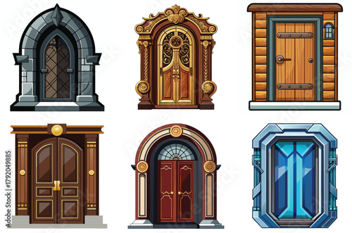 Collection of six ornate and stylized doors and entrances