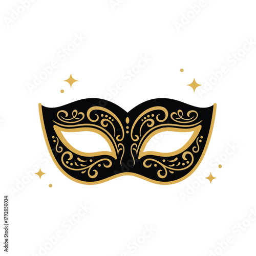 Elegant black and gold masquerade mask with stars and confetti isolated isolated on white background, Vector