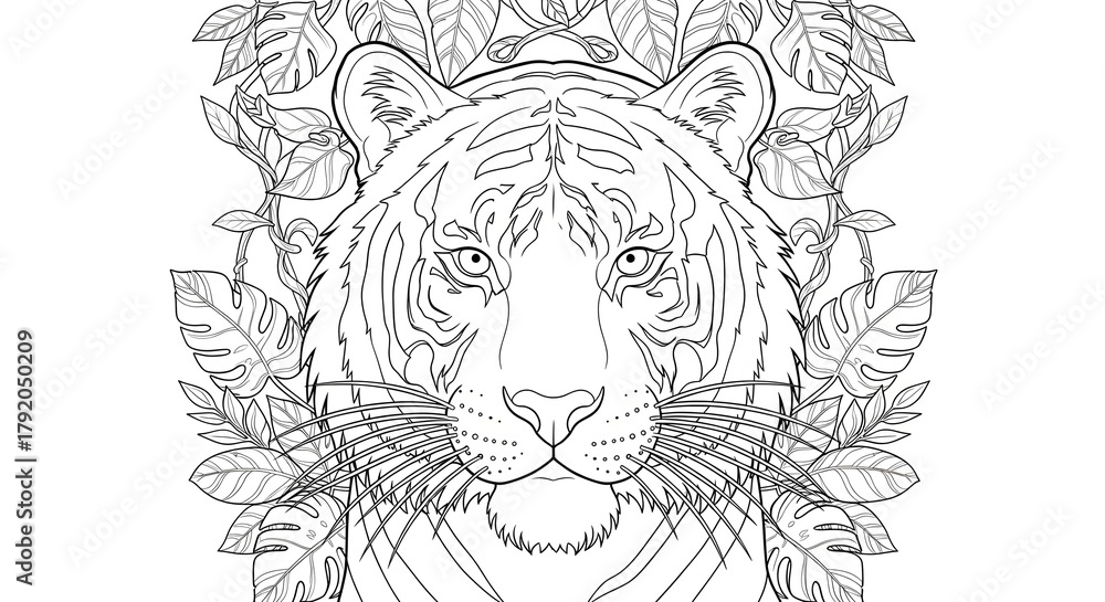 Fototapeta premium Tiger surrounded by foliage, detailed animal illustration for coloring pages
