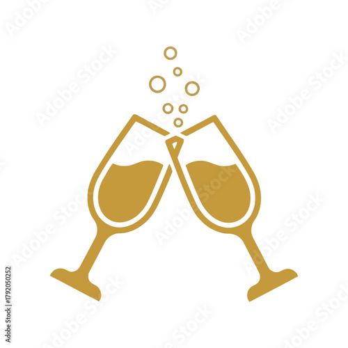 Two golden champagne glasses clinking for celebration, with bubbles rising isolated on white background, Vector