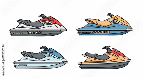 Personal watercrafts in four different colors