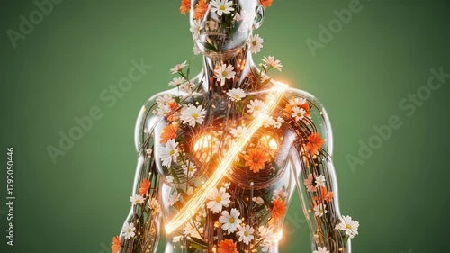 Transparent human body filled with flowers and glowing energy