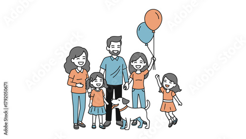 Family's Joyful Embrace: A loving family, comprised of parents, children, and their loyal canine companion, shares a moment of togetherness, holding balloons, and radiating happiness. 