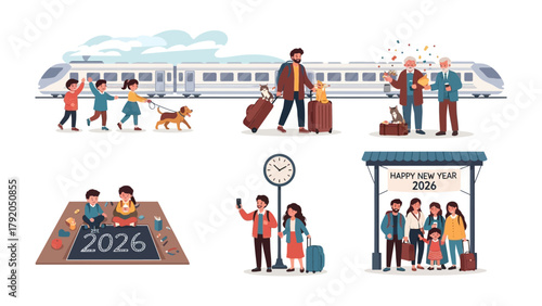 New Year Journey: A collection of illustrations depicting the travel of various families to celebrate New Year's 2026, with scenes of travel preparations, train journeys, and joyful gatherings. 