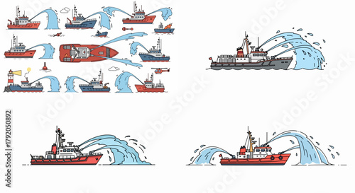 Firefighting ships spraying water on the sea