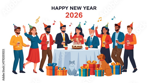 New Year Celebration 2026: A vibrant and diverse group gathers to welcome the New Year with joyous celebration, accompanied by cake, party hats, gifts and festive music.