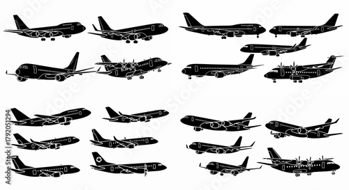 Various airplane silhouettes in flight with transparent background