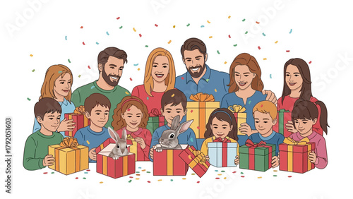 Family Celebration of Joyful Presents: A large family gathers, smiles radiating, as they open colorful gifts, creating an atmosphere of warmth and togetherness, filled with vibrant confetti.