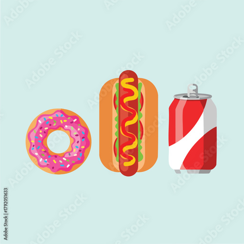 assorted donut hotdog and soda can.