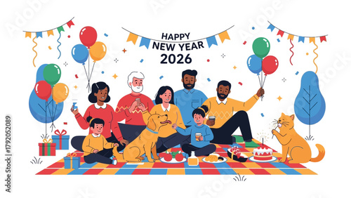 New Year Family Gathering: A vibrant, diverse family celebrates the New Year together. Capturing the spirit of togetherness, joy, and the promise of a fresh start.