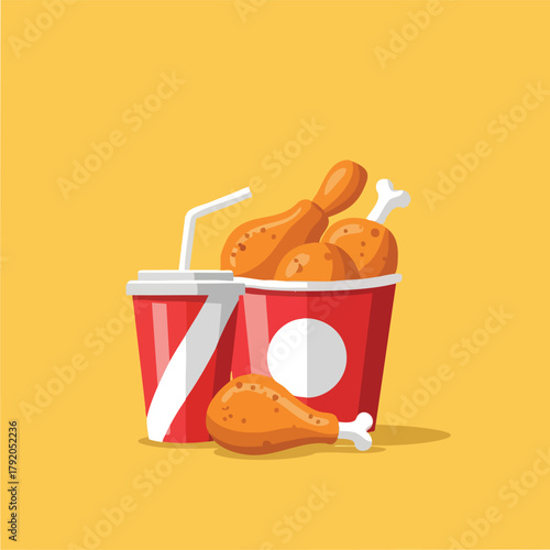 Crispy fried chicken bucket with beverage.