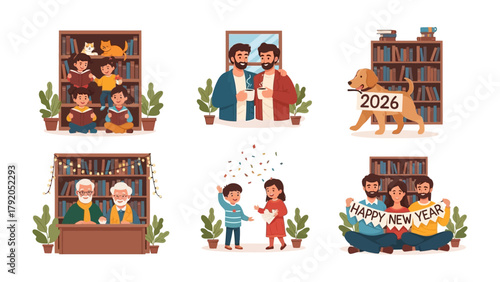 Family Gatherings: Diverse individuals and families come together, with emphasis on togetherness and celebrating moments like the new year, embodying the spirit of warmth and familial connection.