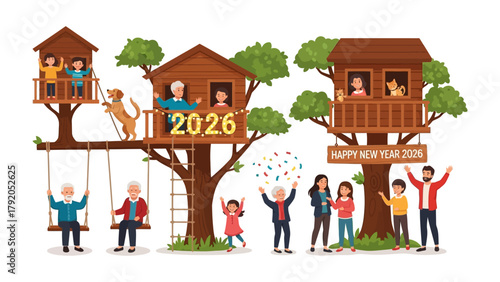 New Year Family Fun: A vibrant illustration showcasing a multigenerational family celebrating the new year with various activities centered around a unique treehouse setting.