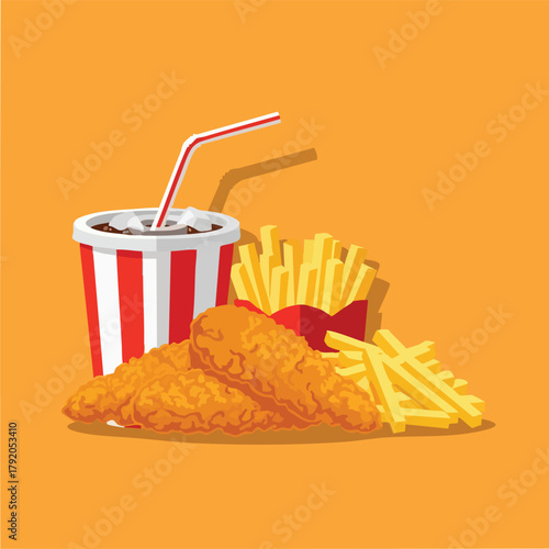 Fast food fried chicken with fries and soda.