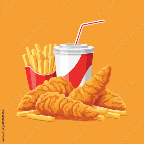 Fast food meal with fries and soft drink cup.