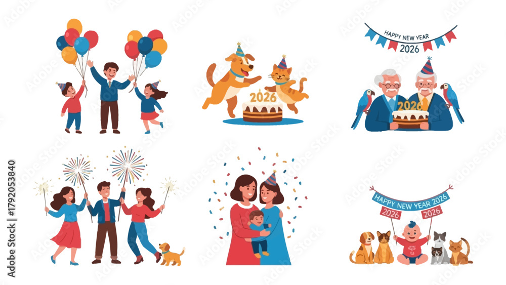 Fototapeta premium New Year Celebrations: A joyous montage of diverse celebrations, featuring families and pets amidst party elements and festive treats, conveying the essence of the new year spirit.