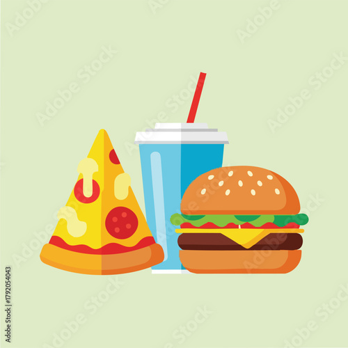 Fast food trio hamburger pizza and soda.