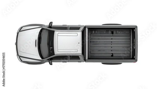 White pickup truck, top-down view, isolated, dark backdrop