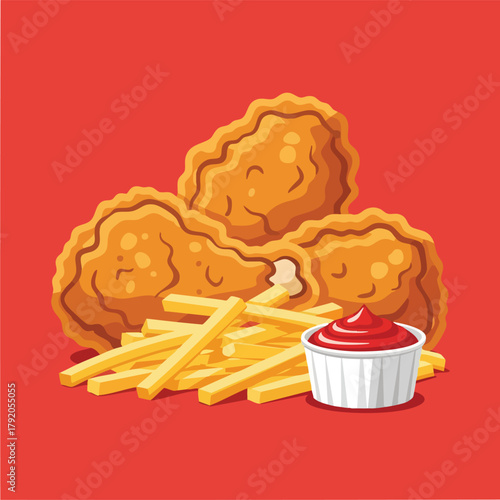 Fried chicken nuggets with french fries and dipping sauce.